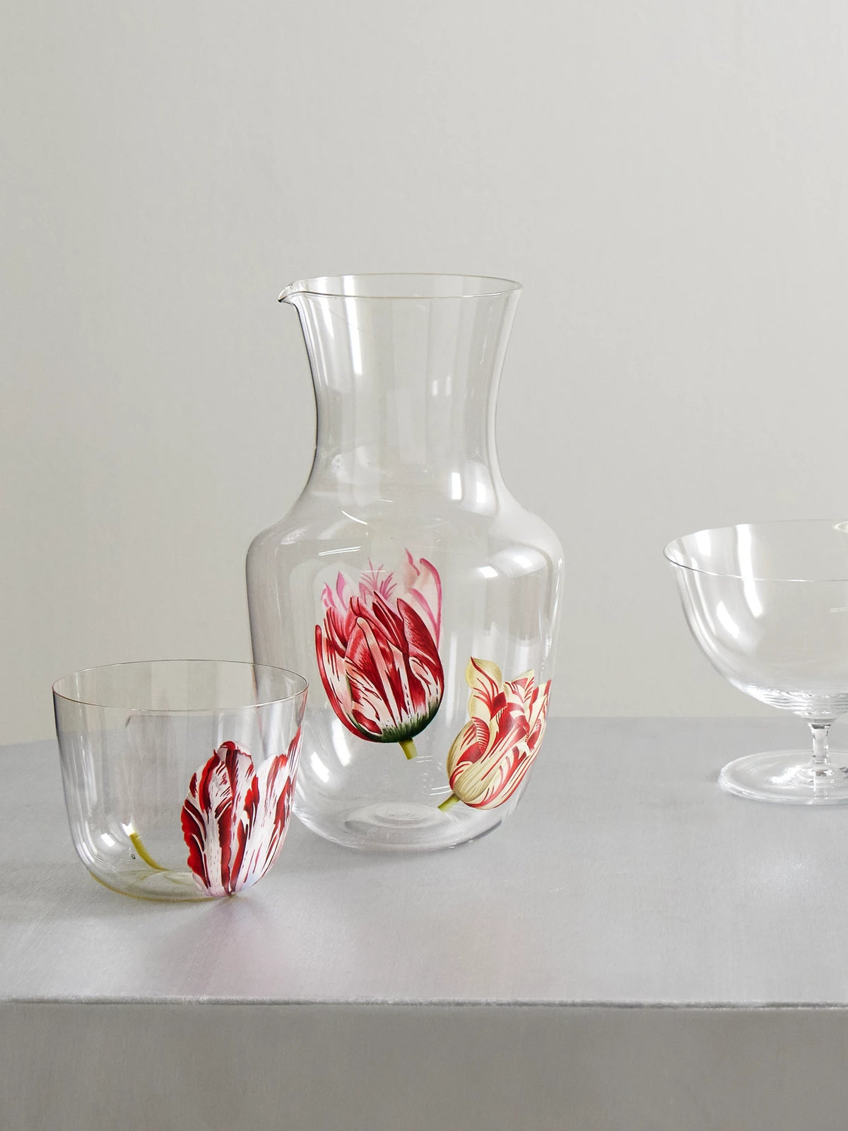 Image of Tableware. Product name - Tulipmania Painted Crystal Glass Water Pitcher in Clear colour by brand - LOBMEYR