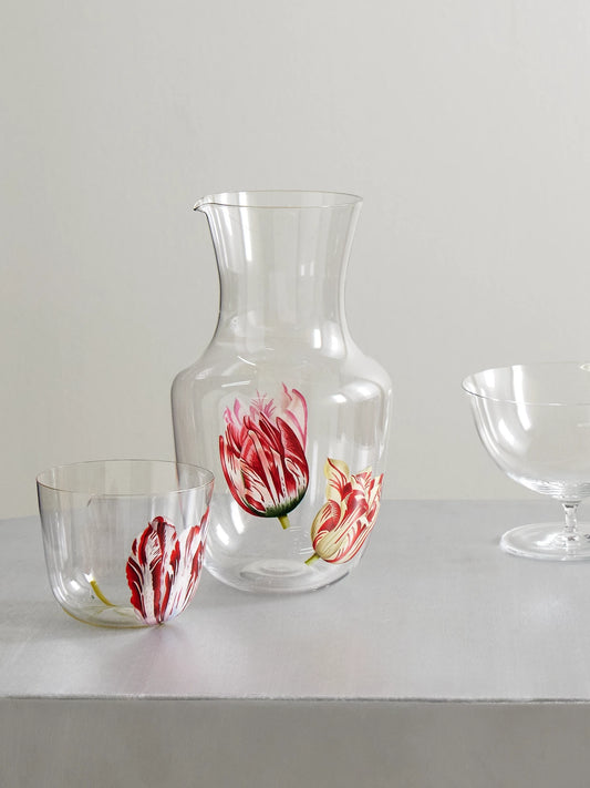 Image of Tableware. Product name - Tulipmania Painted Crystal Glass Water Pitcher in Clear colour by brand - LOBMEYR