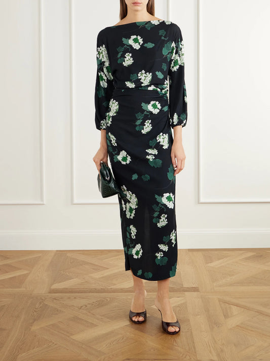 Image of Dresses. Product name - Ezra Floral-print Ruched Crepe Midi Dress in Black colour by brand - BERNADETTE