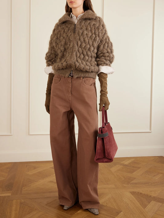 Image of a model wearing Outerwear. Product name - Sequin-embellished Mohair-blend Zip-up Cardigan in Brown colour by brand - Brunello Cucinelli