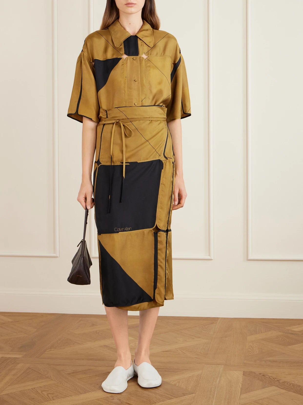 Image of Shirts. Product name - Elowen Patchwork Silk-twill Shirt in Brown colour by brand - Calvin Klein Collection