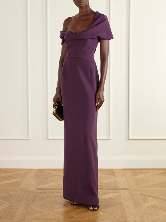 Image of Dresses. Product name - Sofia One-shoulder Draped Crepe Gown in Purple colour by brand - Carolina Herrera