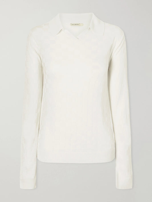 Image of a model wearing Tops. Product name - Caleb Knitted Polo Sweater in White colour by brand - KALLMEYER