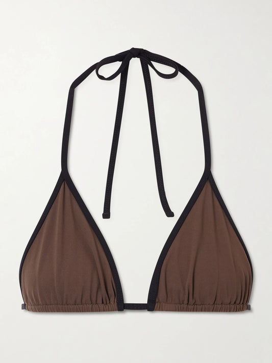 Image of Swimwear. Product name - Stripe Two-tone Bikini Top in Brown colour by brand - TOTEME