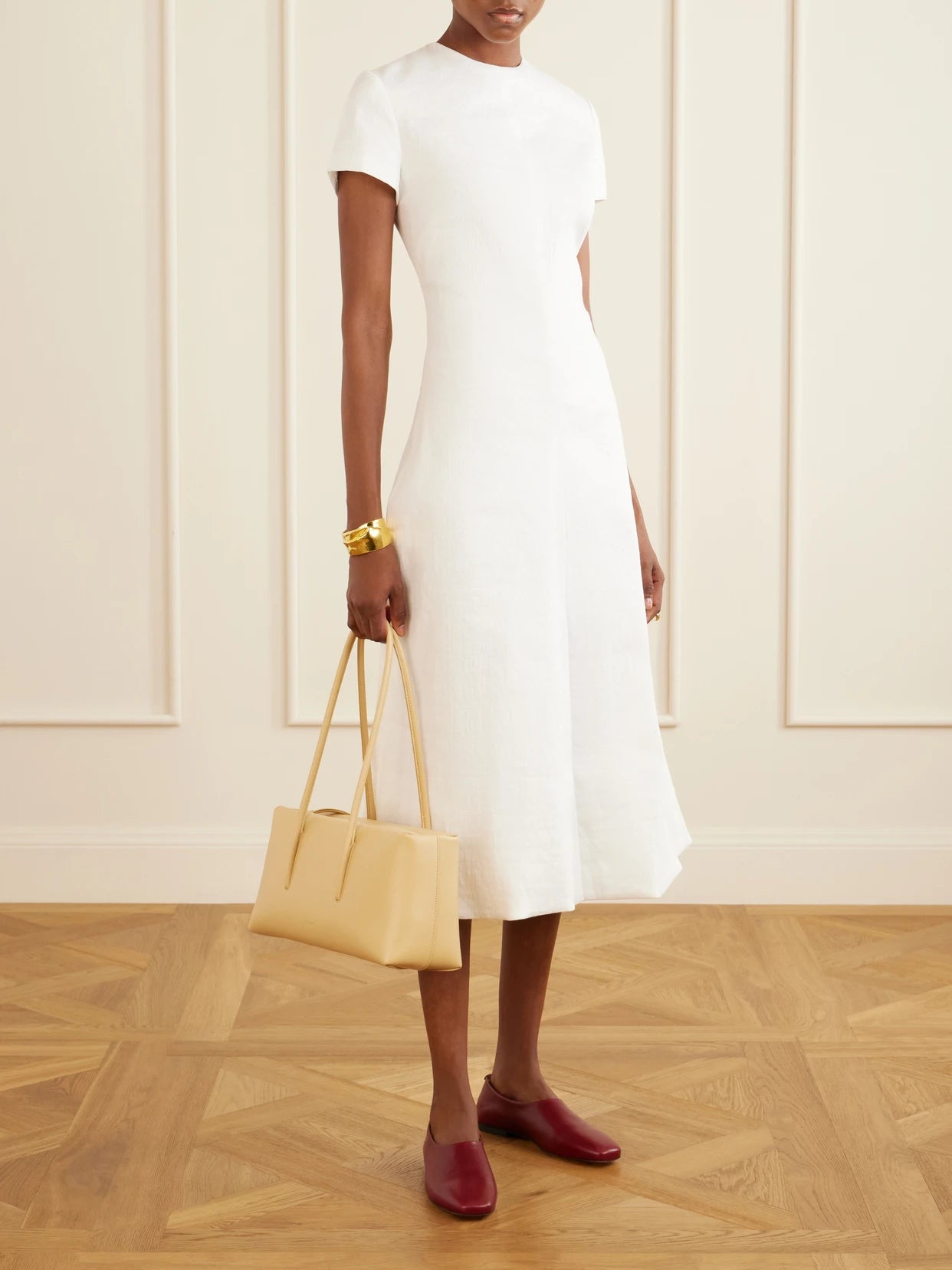 Image of Dresses. Product name - The Ridley Linen-blend Midi Dress in White colour by brand - Brandon Maxwell