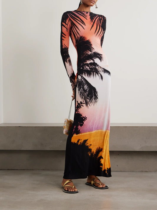 Image of Dresses. Product name - Crystal-embellished Printed Stretch-jersey Midi Dress in Multi colour by brand - RABANNE