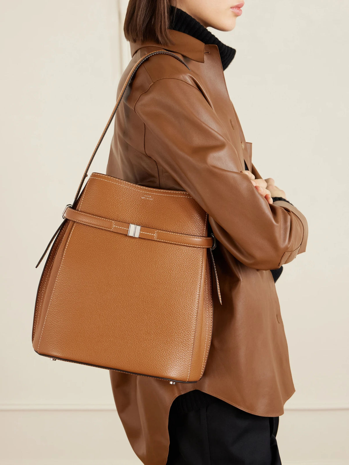 Image of Bags. Product name - Belted Textured-leather Tote in Tan colour by brand - TOTEME