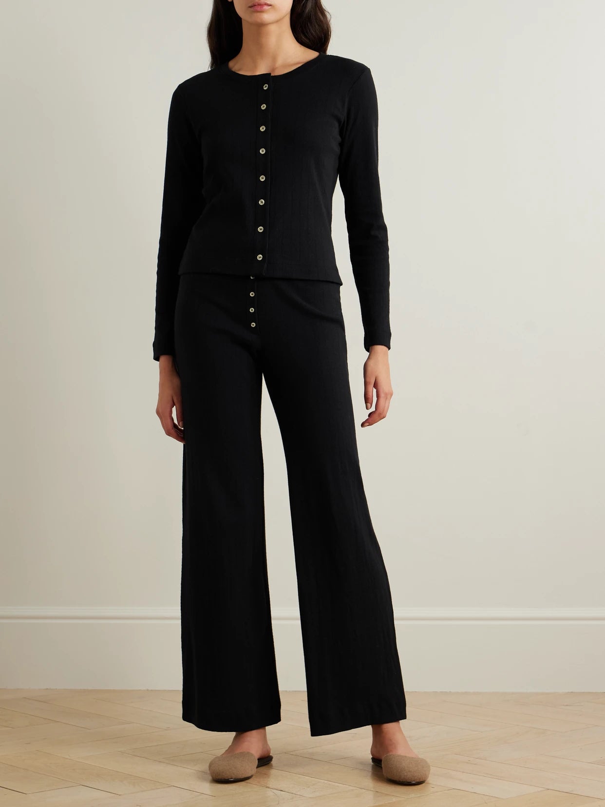 Image of Sleepwear & Loungewear. Product name - Pointelle-knit Cotton Cardigan in Black colour by brand - LESET