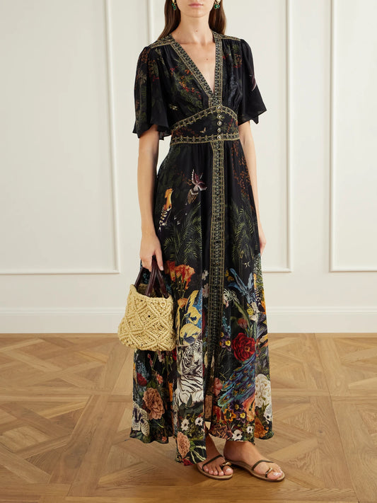 Image of Dresses. Product name - Palace Zoology Embellished Printed Silk Maxi Dress in Multi colour by brand - Camilla