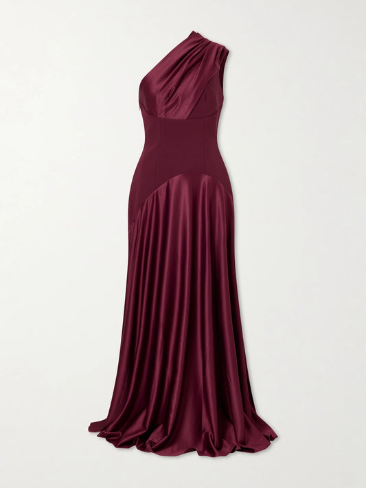Image of Dresses. Product name - Gabriela Pleated Satin Gown in Dark purple colour by brand - Solace London