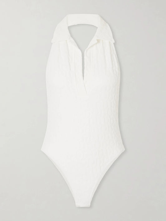 Image of Swimwear. Product name - Polo Floral-jacquard One-piece in White colour by brand - Lisa Marie Fernandez