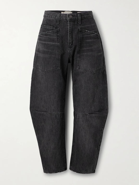 Image of Jeans. Product name - Shon Mid-rise Barrel-leg Jeans in Black colour by brand - Nili Lotan