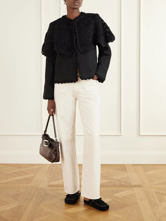 Image of Coats & Jackets. Product name - Wright Cape-detailed Crochet-knit Trimmed Bouclé Jacket in Black colour by brand - Sea