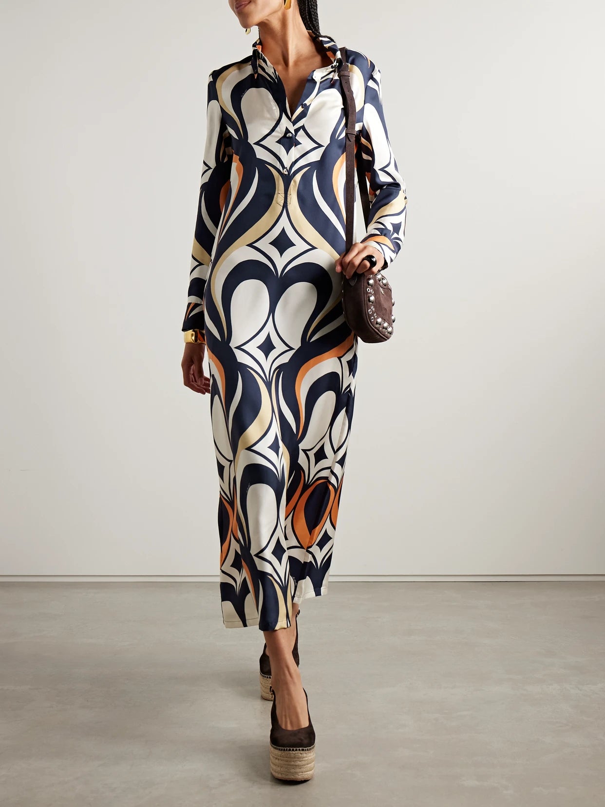 Image of Dresses. Product name - Icon Printed Silk-twill Maxi Shirt Dress in Multi colour by brand - La DoubleJ