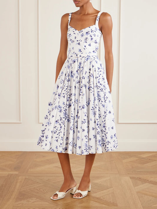 Image of Dresses. Product name - Elita Belted Floral-print Cotton-poplin Midi Dress in White colour by brand - Emilia Wickstead