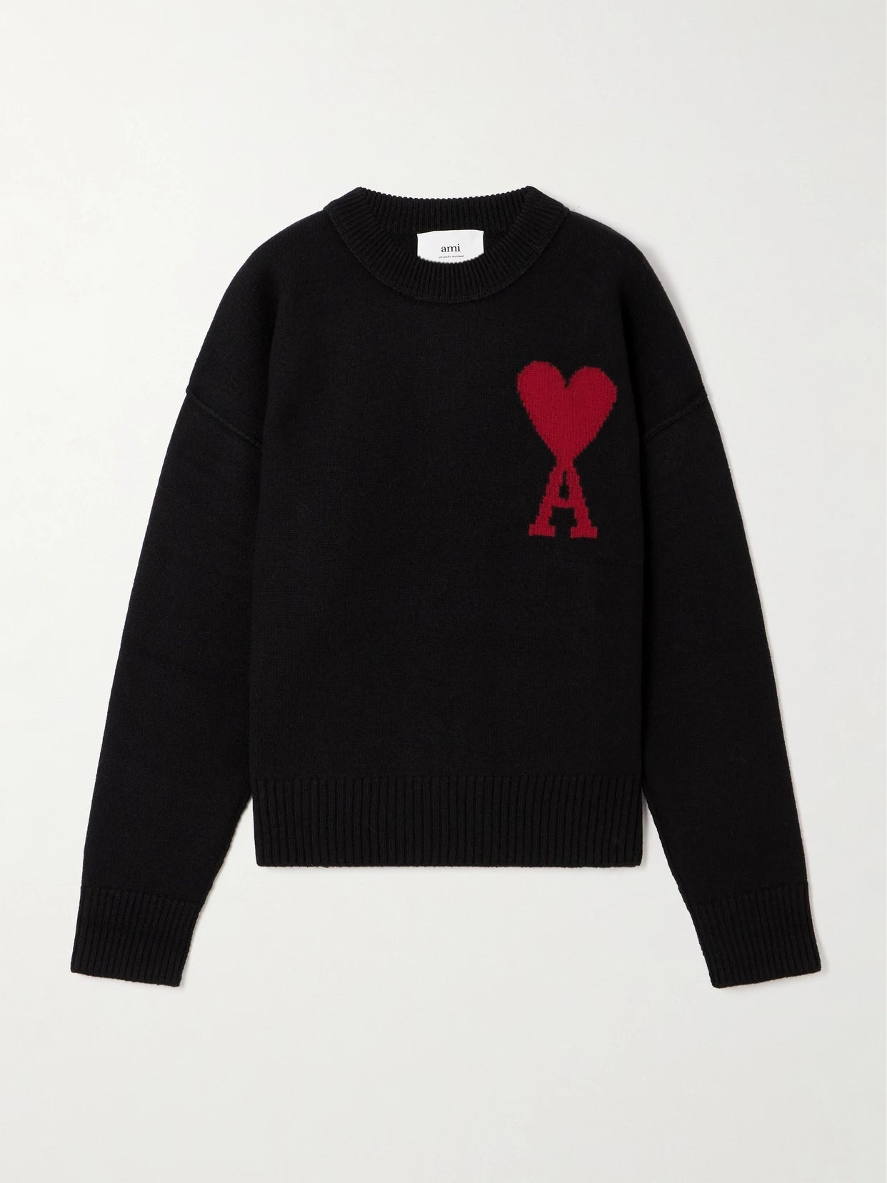 Image of a model wearing Outerwear. Product name - + Net Sustain Adc Intarsia Wool Sweater in Black colour by brand - AMI PARIS