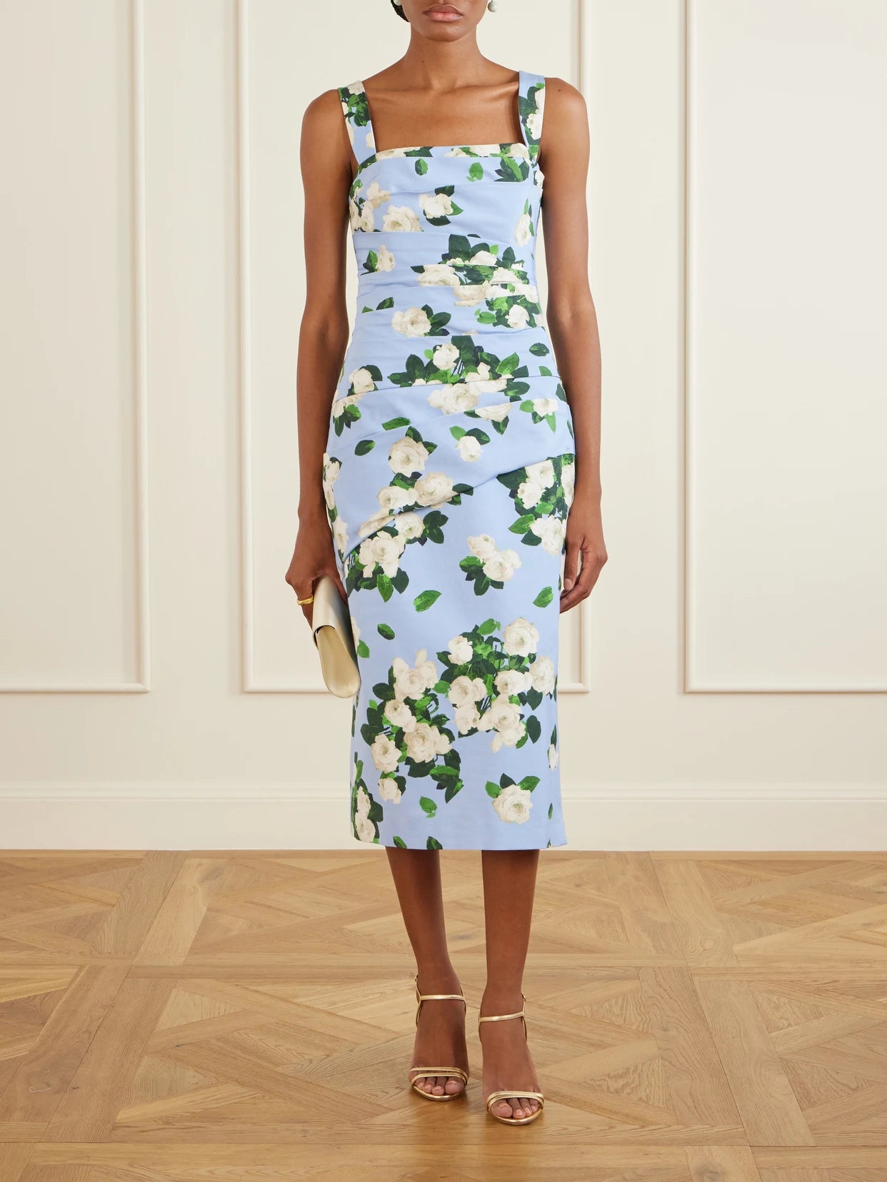 Image of Dresses. Product name - Floral-print Draped Cotton-blend Faille Midi Dress in Blue colour by brand - Carolina Herrera