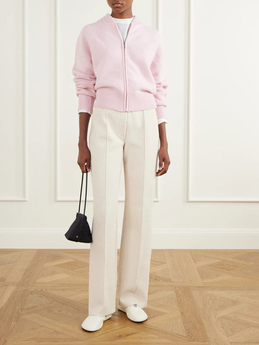 Image of a model wearing Outerwear. Product name - Velma Wool And Cashmere-blend Zip-up Cardigan in Pink colour by brand - HIGH SPORT