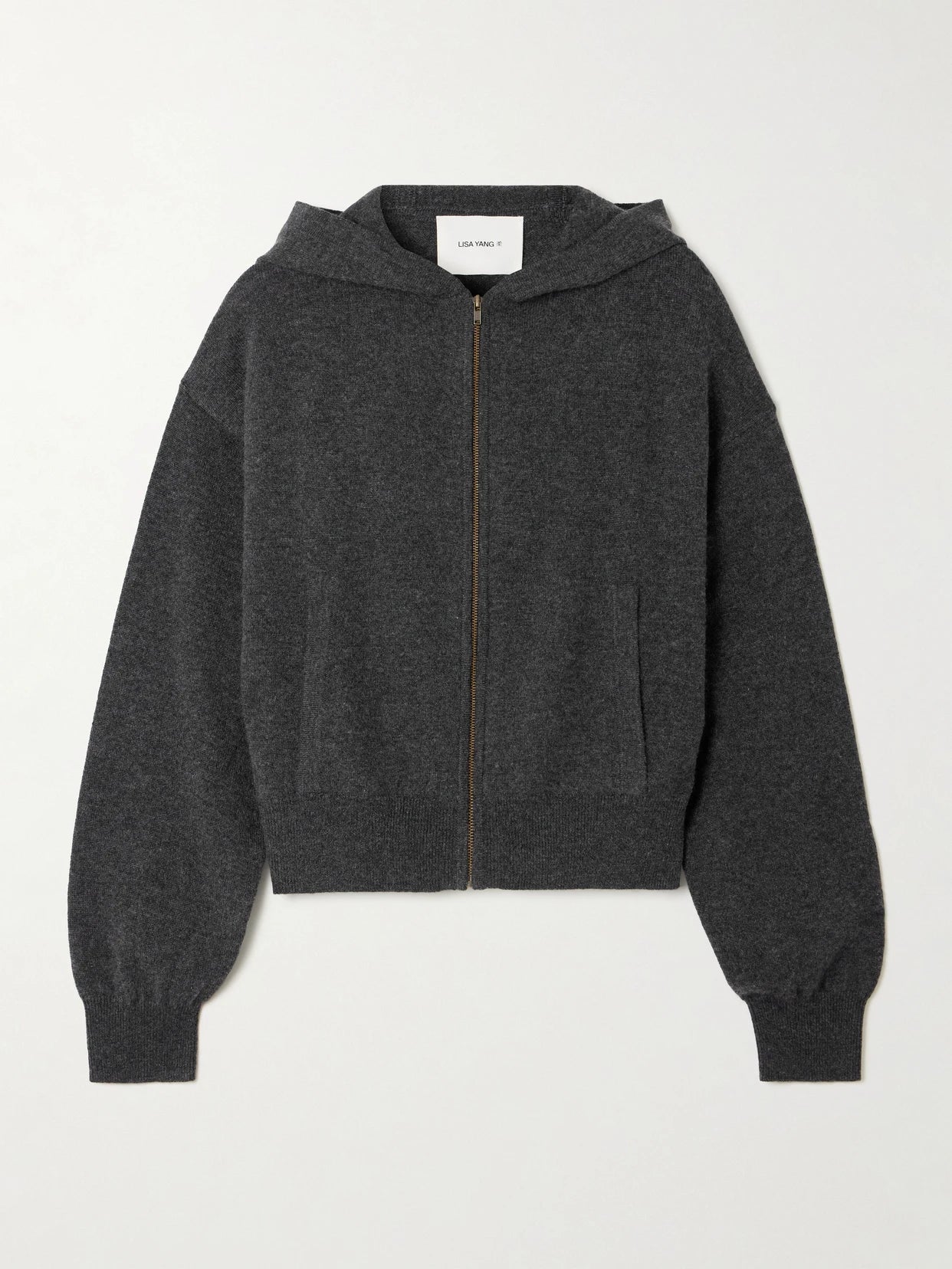 Image of a model wearing Outerwear. Product name - Ilie Cashmere Hoodie in Gray colour by brand - LISA YANG