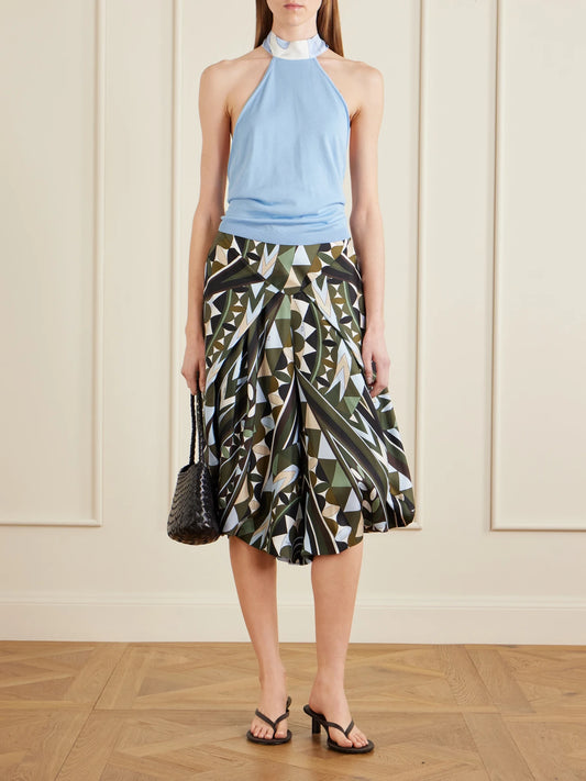 Image of a model wearing Pants. Product name - Printed Silk-twill Wide-leg Pants in Army green colour by brand - PUCCI