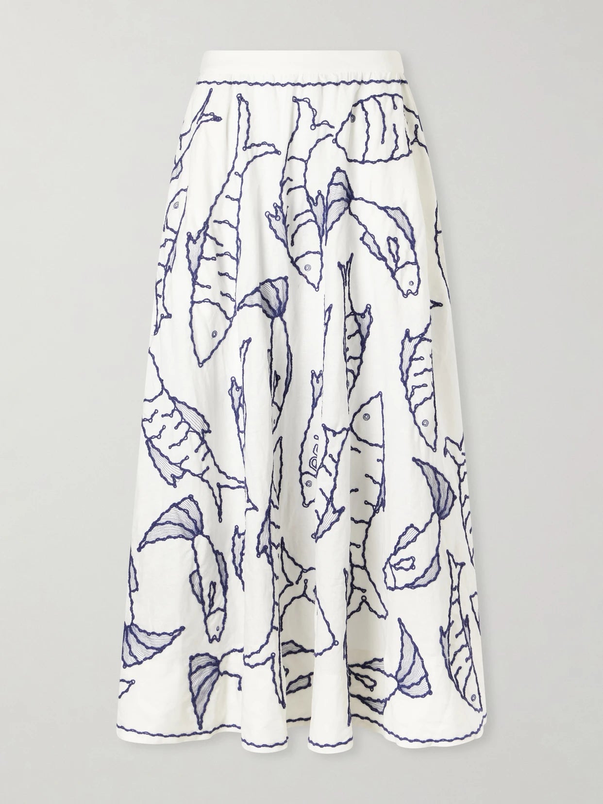 Fresh Fish Embroidered Linen-blend Midi Skirt