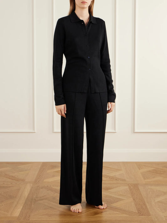 Image of Lingerie. Product name - Dree Silk And Cashmere-blend Pajama Set in Black colour by brand - Olivia von Halle