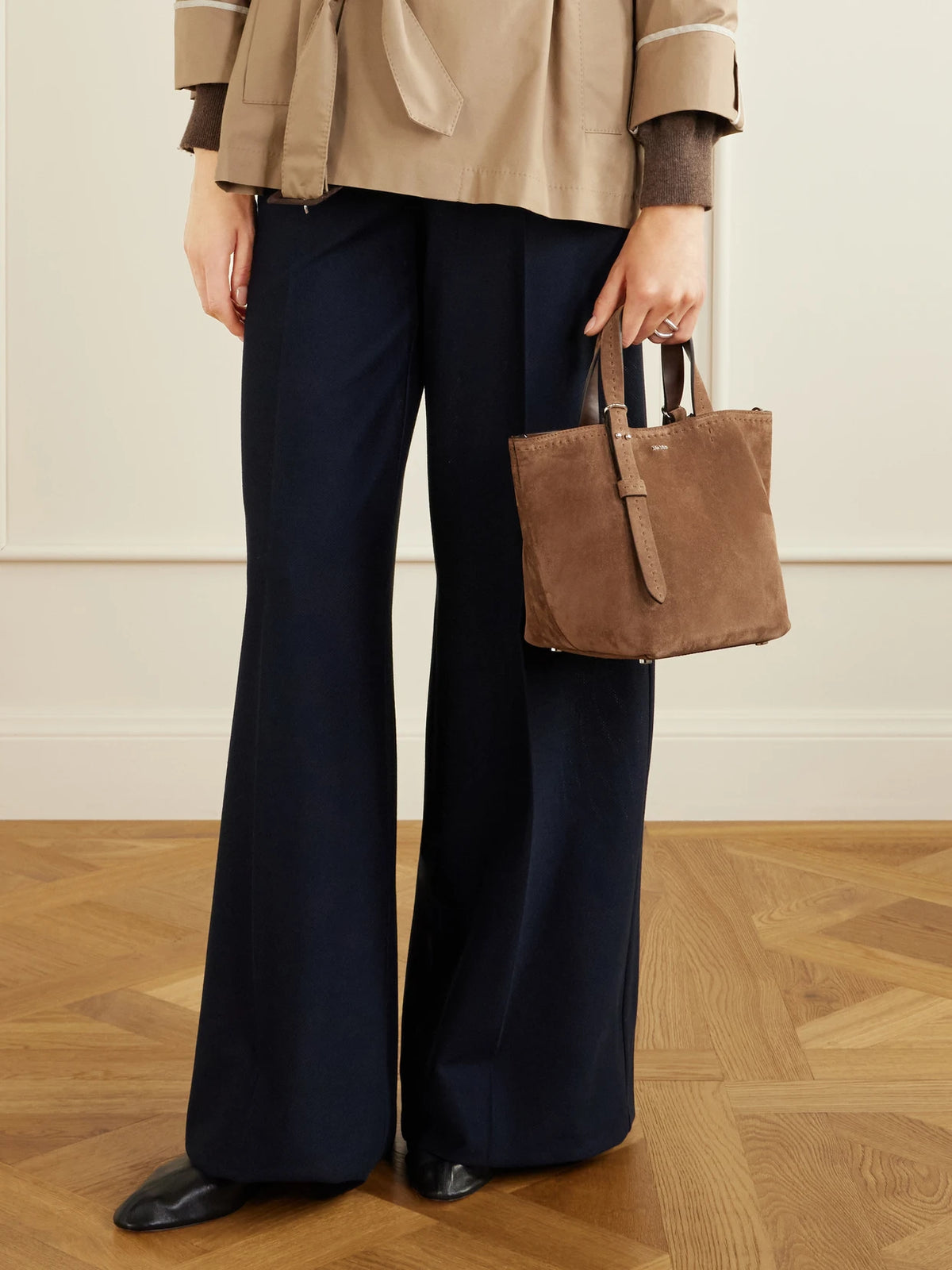 Image of Bags. Product name - Archetipo Logo-embellished Suede Tote in Dark brown colour by brand - Max Mara