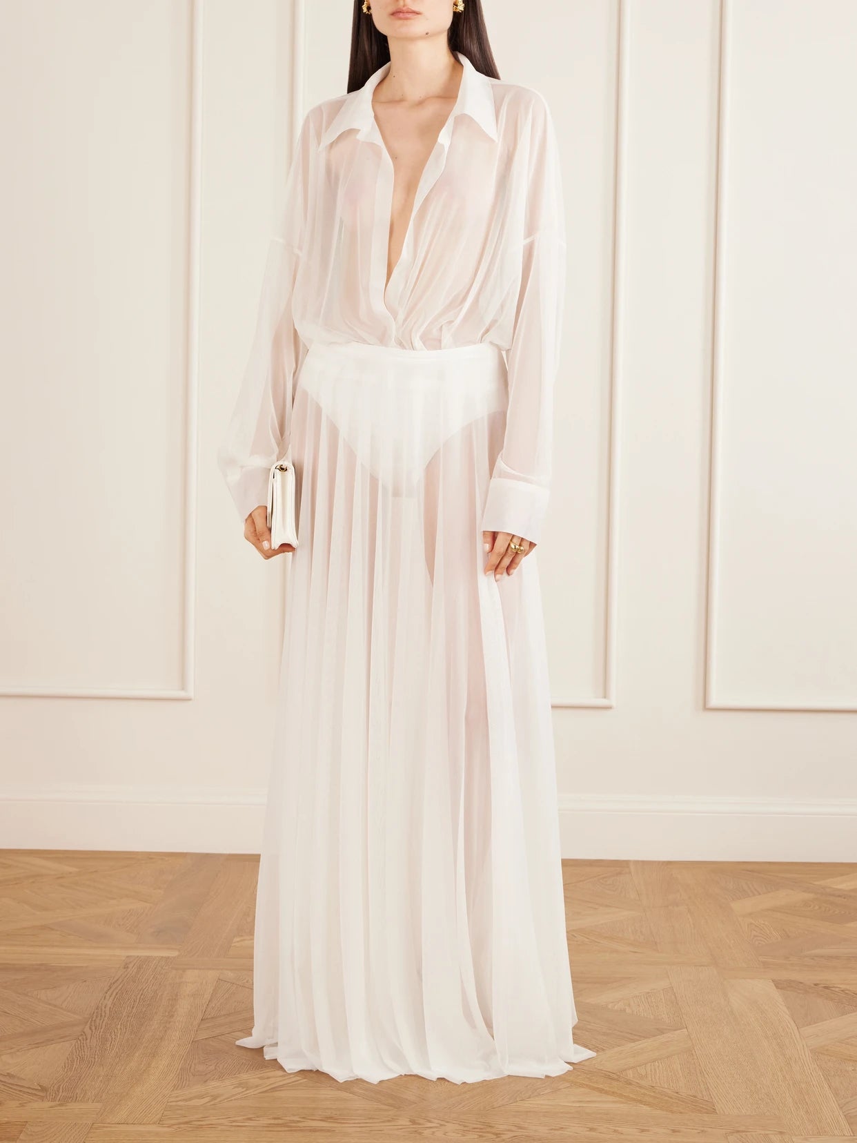 Image of Bodysuits. Product name - Oversized Boyfriend Mesh Bodysuit in White colour by brand - Norma Kamali