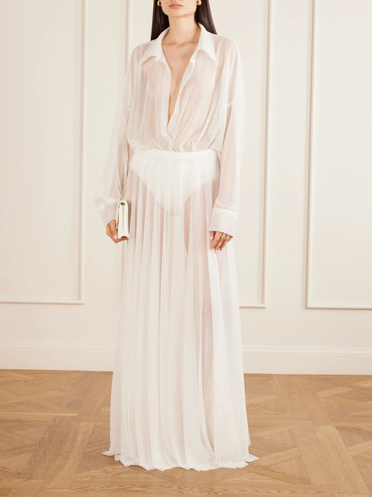 Image of Bodysuits. Product name - Oversized Boyfriend Mesh Bodysuit in White colour by brand - Norma Kamali
