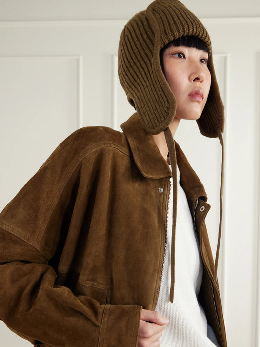 Image of Hats. Product name - Delwar Ribbed Cashmere Trapper Hat in Light brown colour by brand - Johnstons of Elgin