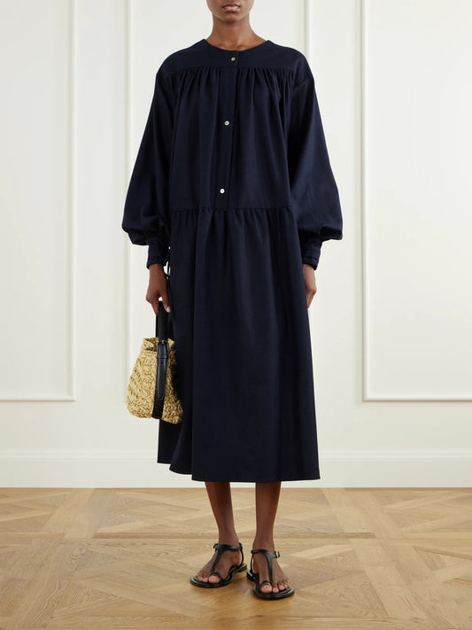 Image of Dresses. Product name - Calla Gathered Wool-flannel Midi Dress in Navy colour by brand - Les Vacances D'Irina