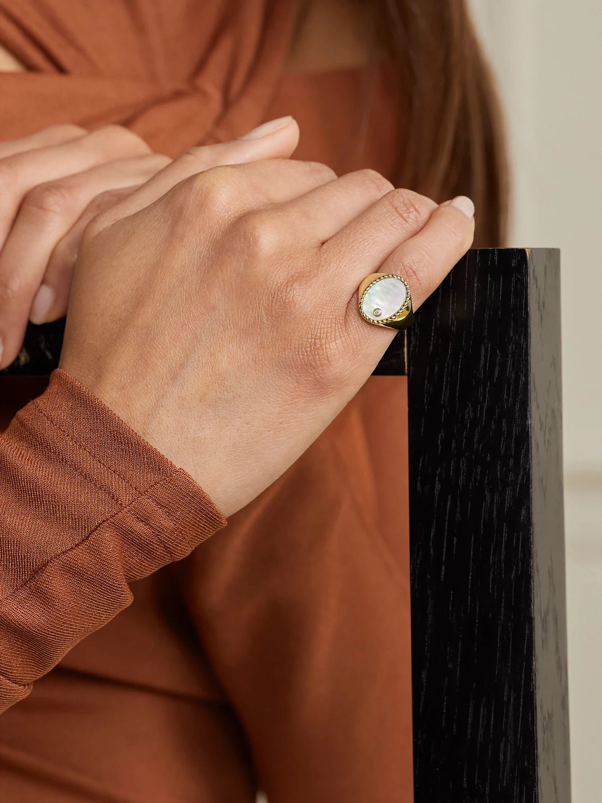Image of Rings. Product name - 9-karat Gold, Mother-of-pearl And Diamond Signet Ring in Multi colour by brand - Yvonne Léon
