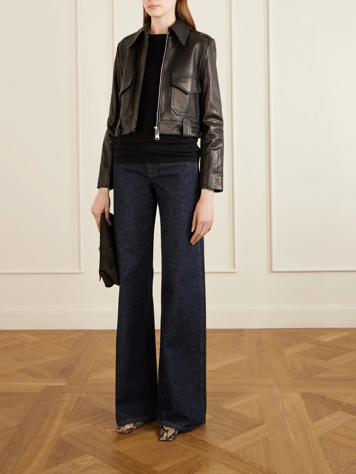 Image of Coats & Jackets. Product name - Cordelia Cropped Leather Jacket in Black colour by brand - KHAITE