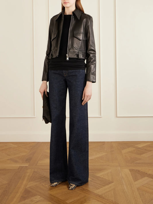 Image of Coats & Jackets. Product name - Cordelia Cropped Leather Jacket in Black colour by brand - KHAITE