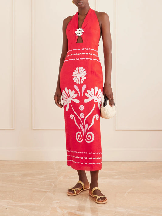 Orly Embellished Cutout Printed Linen Maxi Dress