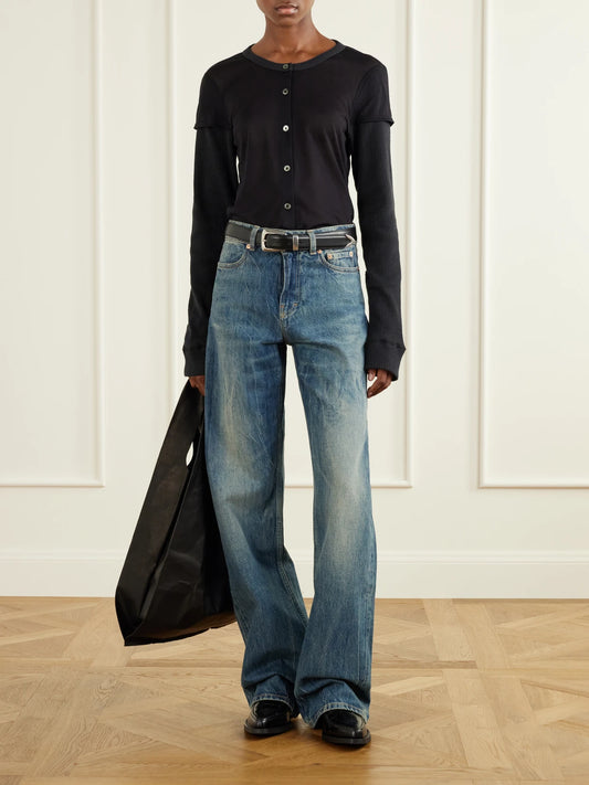 Image of a model wearing Tops. Product name - Layered Cotton-blend Cardigan in Black colour by brand - Our Legacy