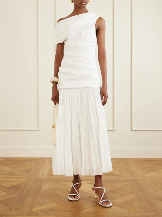 Image of Dresses. Product name - Ammalie One-shoulder Draped Pleated Poplin Midi Dress in White colour by brand - SIMKHAI
