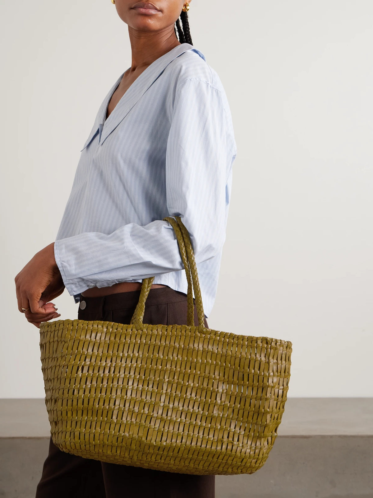 Image of Bags. Product name - Terrafino Woven Leather Tote in Green colour by brand - Dragon Diffusion