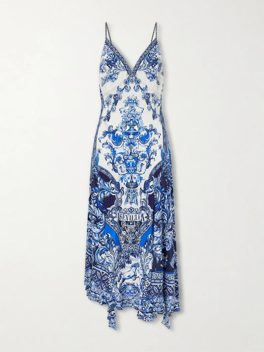Image of Dresses. Product name - Crystal-embellished Printed Silk Midi Dress in Blue colour by brand - Camilla