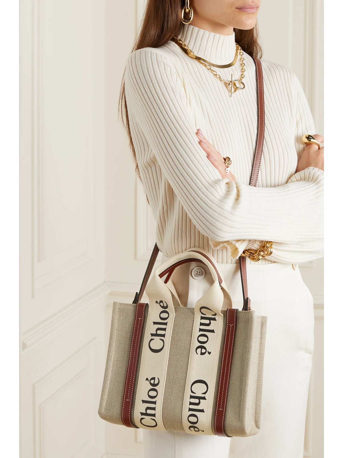 Image of Bags. Product name - + Net Sustain Woody Small Embroidered Leather-trimmed Linen Tote in Brown colour by brand - Chloé