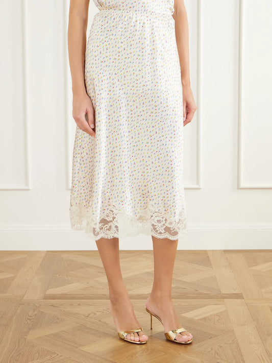 RABANNE Floral-print Lace-trimmed Silk-satin Midi Skirt