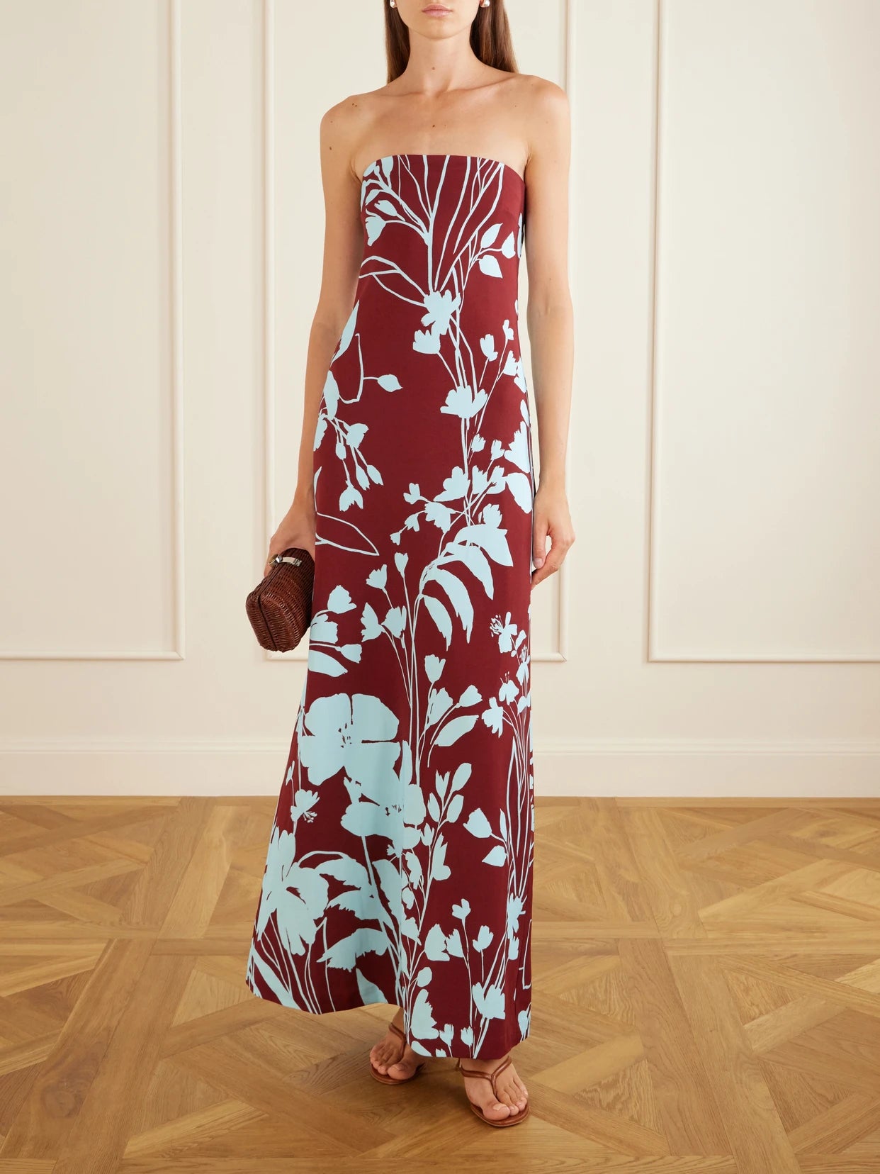 Image of Dresses. Product name - Benita Floral-print Stretch-crepe Strapless Maxi Dress in Burgundy colour by brand - Cara Cara
