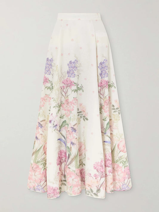 Image of a model wearing Skirts. Product name - Ventine Floral-print Cotton-blend Maxi Skirt in Cream colour by brand - Charo Ruiz