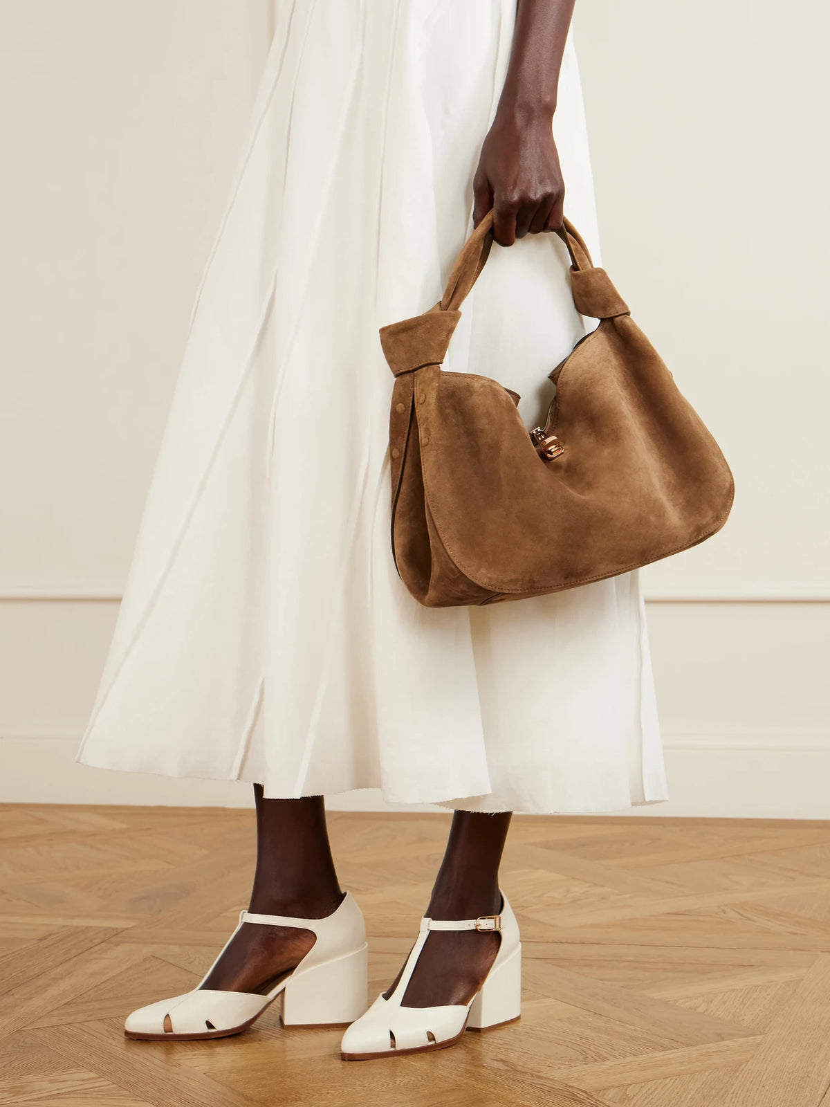 Image of Bags. Product name - Antonia Small Suede Shoulder Bag in Brown colour by brand - Gabriela Hearst