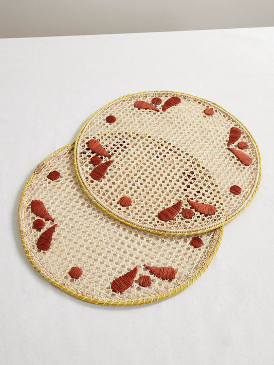 Set Of Two Embroidered Raffia Placemats