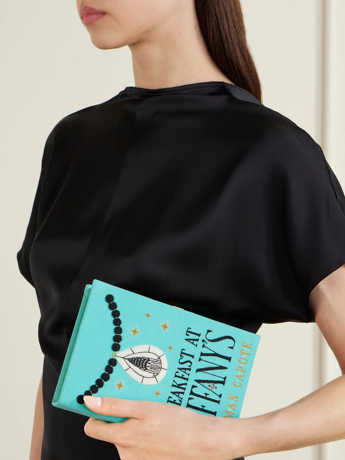 Image of Bags. Product name - Breakfast At Tiffany's Appliquéd Embroidered Canvas Clutch in Bright blue colour by brand - Olympia Le-Tan