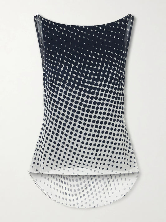 Image of a model wearing Tops. Product name - Halftone Wiggle Dot Printed Crinkled-chiffon Top in Black colour by brand - Christopher John Rogers