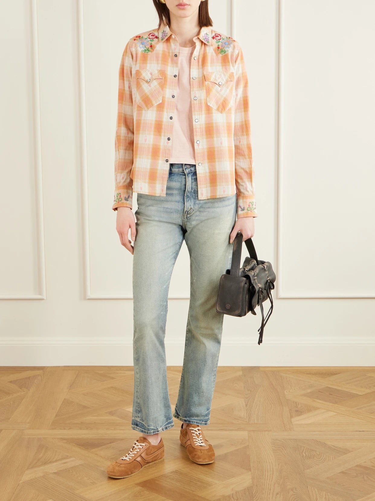 Image of a model wearing Tops. Product name - Buffalo Embroidered Checked Cotton Shirt in Orange colour by brand - RRL