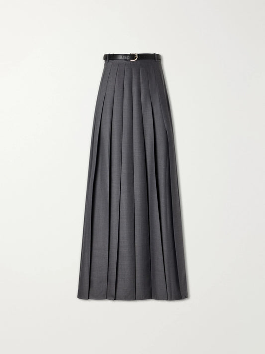 Image of a model wearing Skirts. Product name - Belted Pleated Woven Grain De Poudre Maxi Skirt in Gray colour by brand - Self-Portrait