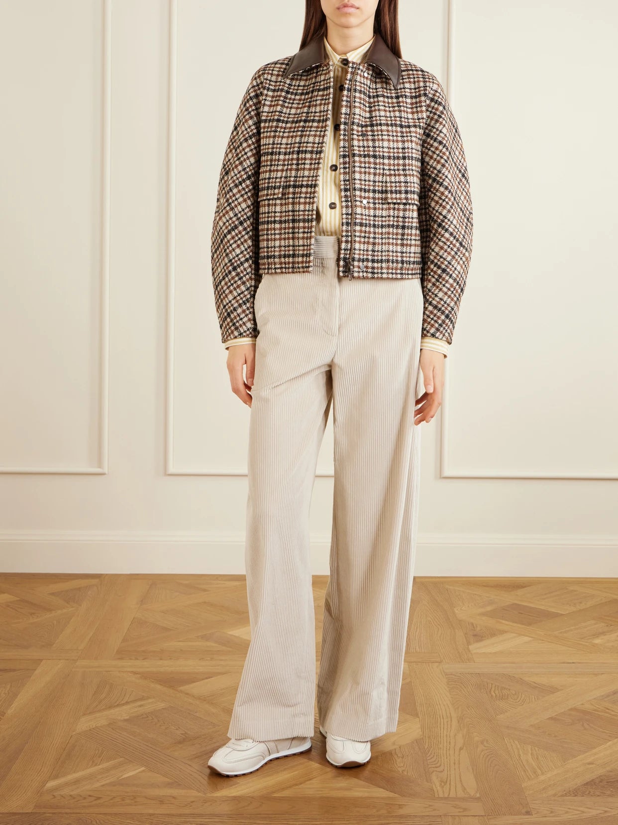 Image of Coats & Jackets. Product name - Checked Leather-trimmed Wool-blend Jacket in Brown colour by brand - Brunello Cucinelli
